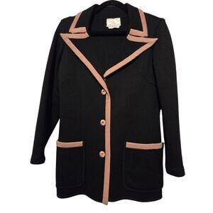 Vtg 70s 80s Tokki Tu Wool Knit Blazer Women XL Black Tan Classic Preppy Academia